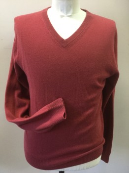 Mens, Pullover Sweater, BLOOMINGDALES, Tomato Red, Cashmere, Solid, Medium, V-neck, Long Sleeves,