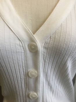 DAVID LERNER, White, Viscose, Elastane, Solid, Lightweight Ribbed Knit, Long Sleeves, Deep V-neck, 6 Button Front, Fitted