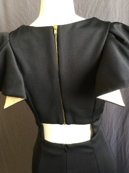 Womens, Cocktail Dress, MUSTARD  SEED, Black, Gold, Polyester, Spandex, Solid, S, Black with Partial  Shimmer Gold Lining, V-neck, Cap Sleeves, with Pointy Peeping  Detail, Gold Exposed Zip Back, Key Hole Lower Back,