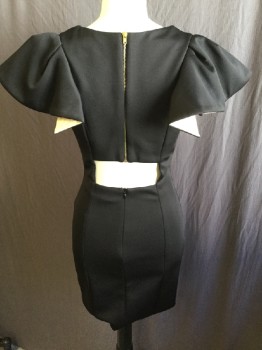 Womens, Cocktail Dress, MUSTARD  SEED, Black, Gold, Polyester, Spandex, Solid, S, Black with Partial  Shimmer Gold Lining, V-neck, Cap Sleeves, with Pointy Peeping  Detail, Gold Exposed Zip Back, Key Hole Lower Back,