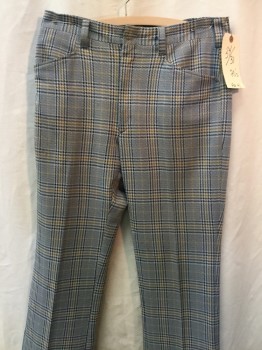 Mens, Pants, N/L, Ecru, Dusty Blue, Navy Blue, Mustard Yellow, Polyester, Plaid, 3431, Flat Front, Belt Loops, 4 Pockets, Double Knit, Business Flare