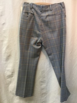 N/L, Ecru, Dusty Blue, Navy Blue, Mustard Yellow, Polyester, Plaid, Flat Front, Belt Loops, 4 Pockets, Double Knit, Business Flare