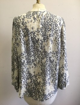 JOIE, White, Gray, Beige, Silk, Abstract , Animal Print, Leopard Spots, Chiffon, Long Sleeve Button Front, Round Neck with V Notch
