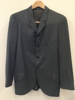 MTO, Gray, White, Lt Blue, Wool, Herringbone, Stripes, Cut Away Sport coat/jacket. Notched Lapel, 4 Button Single Breasted, 1 Welt Pocket, 2 Pockets with Flaps,