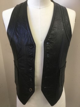 Mens, Leather Vest, CORDOVAN, Black, Leather, Solid, C34, Button Front, 2 Pockets, Adjustable Back Belt