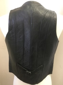 Mens, Leather Vest, CORDOVAN, Black, Leather, Solid, C34, Button Front, 2 Pockets, Adjustable Back Belt