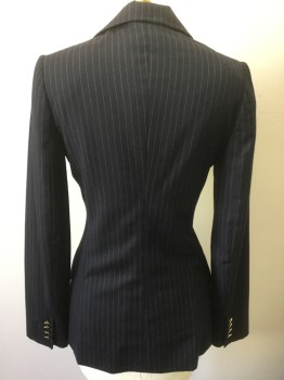 Womens, Suit, Jacket, DOLCE & GABBANA, Navy Blue, Lt Gray, Wool, Stripes - Pin, B34, Single Breasted, 2 Buttons,  Peaked Lapel, Hand Picked Collar/Lapel, 2 Pockets, No Vents, DG Gold Buttons, Lined in Silk Animal Print
