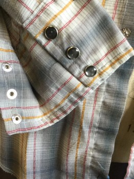 N/L, Gray, Red, Mustard Yellow, Polyester, Cotton, Plaid, Stripes - Vertical , Collar Attached, Western Yoke Upper Front & Back, Shinny Pearly Gray with Silver Rim Snap Front, 2 Pockets with Flap, Long Sleeves, Over Lock Frayed Hem