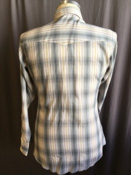 N/L, Gray, Red, Mustard Yellow, Polyester, Cotton, Plaid, Stripes - Vertical , Collar Attached, Western Yoke Upper Front & Back, Shinny Pearly Gray with Silver Rim Snap Front, 2 Pockets with Flap, Long Sleeves, Over Lock Frayed Hem