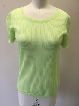 RAG & BONE, Neon Green, Synthetic, Solid, Ribbed Knit Sheer, Scoop Neck, Ruffle/Novelty Knit Short Sleeves, White Trim