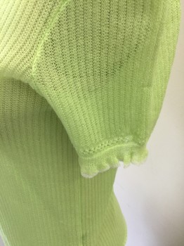 RAG & BONE, Neon Green, Synthetic, Solid, Ribbed Knit Sheer, Scoop Neck, Ruffle/Novelty Knit Short Sleeves, White Trim