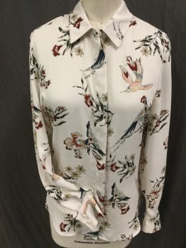H & M , Cream, Dk Red, Black, Lt Blue, Pink, Polyester, Animal Print, Floral, Cream with Dark Red/light Blue/pink/green/yellow with Black Outline  Birds/flower Print, Collar Attached, Hidden Button Front, Long Sleeves,