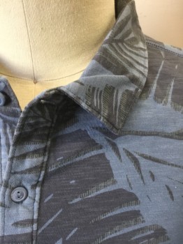 GAP LIVED-IN, Slate Blue, Midnight Blue, Gray, Cotton, Tropical , Leaves/Vines , Dusty Slate Blue with Midnight/Gray Tropical Palm Fronds Pattern, Jersey, Short Sleeves, Collar Attached, 2 Button Front