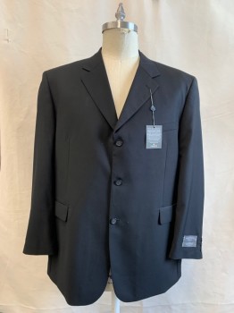VANETTI, Black, Polyester, Rayon, Solid, Single Breasted, Collar Attached, Notched Lapel, 3 Buttons,  3 Pockets