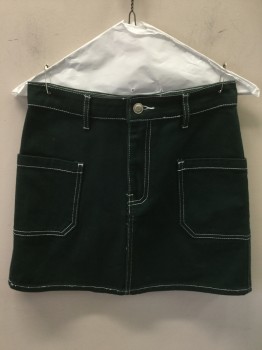 Womens, Skirt, Mini, FOREVER 21, Dk Green, Cotton, Solid, S, Dark Green with White Stitching, Zip Fly, 2 Wraparound Patch Pockets, Belt Loops