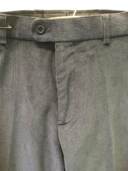 LINEA NATURALE, Blue-Gray, Cotton, Spandex, Solid, Corduroy, Flat Front, Zip Fly, Button Tab Closure, 4 Pockets, Belt Loops