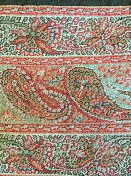 NL, Olive Green, Red, Black, Sea Foam Green, White, Wool, Square Shawl. Olive Green Wool with Red Multi Color Woven Paisley Border. Narrow Paisley Border on Two Sides of Shawl and Wide Border on the Other Two Sides of Shawl. Small Moth Holes Through Out, Small Tear on One Wide Border Side. Faint Sun Damage Line Running Through Shawl,