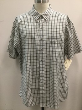 HARBOR BAY, Black, White, Tan Brown, Cotton, Polyester, Plaid, Button Front, Button Down Collar Attached, 1 Pocket, Short Sleeves,