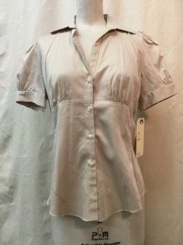 BANANA REPUBLIC, Beige, Cotton, Spandex, Solid, Beige, Button Front, V-neck, Collar Attached, Short Sleeves, Gathered Bust