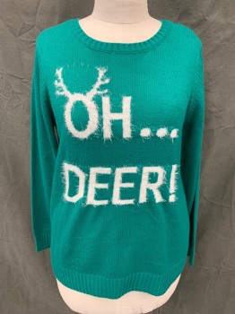 LAURA SCOTT, Green, White, Acrylic, Solid, Novelty Pattern, Green with White Fuzzy "OH...DEER", Crew Neck, Ribbed Knit Neck/Waistband/Cuff