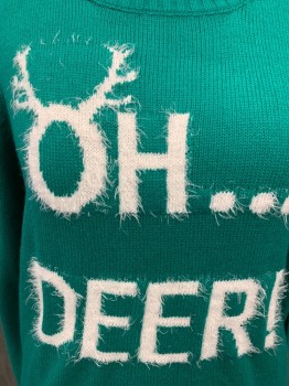 LAURA SCOTT, Green, White, Acrylic, Solid, Novelty Pattern, Green with White Fuzzy "OH...DEER", Crew Neck, Ribbed Knit Neck/Waistband/Cuff