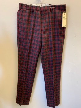 BROOKS BROTHERS, Wine Red, Charcoal Gray, Black, Wool, Plaid, Flat Front, 4 Pockets,