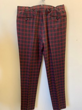 BROOKS BROTHERS, Wine Red, Charcoal Gray, Black, Wool, Plaid, Flat Front, 4 Pockets,