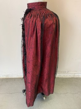Womens, Historical Fiction Skirt, PERIOD CORSETS, Red, Black, Silk, Novelty Pattern, W 24, Black Feathers and Sequins Down CF, Taffeta Covered with Spiderweb Netting, Cartridge Pleats,