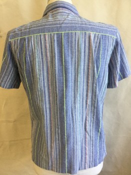 URBAN OUTFITTERS, Blue, White, Neon Yellow, Orange, Green, Cotton, Polyester, Stripes - Vertical , Heather Blue with Broken Neon Yellow, Orange, Green, Black Vertical Stripes, Collar Attached, Button Front, 1 Pocket, Short Sleeves,