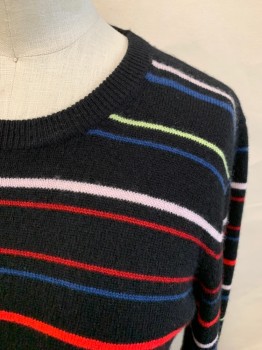 EQUIPMENT, Black, Red, White, Blue, Lime Green, Cashmere, Stripes, Ribbed Knit Crew Neck/Waistband/Cuff
