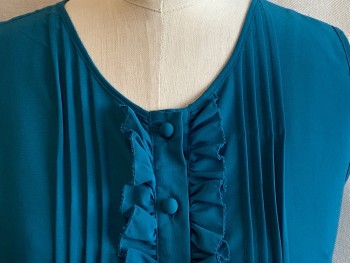 Womens, Blouse, BANANA REPUBLIC, Teal Blue, Polyester, Solid, XS, U Neck, Pleats & Ruffle Front Center, Self Cover Button Front, Sleeveless,