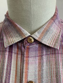 Mens, Casual Shirt, TOMMY BAHAMA, Lavender Purple, Off White, Rust Orange, Silk, Polyester, Plaid, XL, Crepe, Short Sleeve Button Front, Collar Attached, 2 Patch Pockets