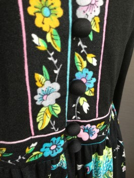 MAURICE, Black, Multi-color, Pink, Mint Green, Turquoise Blue, Polyester, Floral, Novelty Pattern, Poly Crepe, Long Sleeves, Black and Floral Accent at Notched V-neck, Center Front Placket, and Entire Skirt, Which Has Flowers, Peacock, Etc in Neon Colors, 6 Button Front, Knee Length,