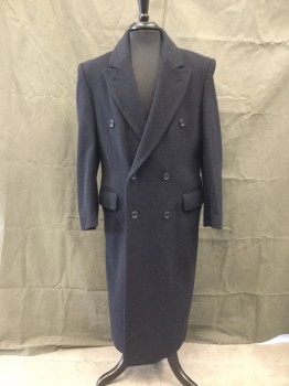 Mens, Coat, Overcoat, GOWING BROS, Navy Blue, Wool, Cashmere, Solid, 38, Double Breasted, Collar Attached, Peaked Lapel, 2 Pockets, Long Sleeves, Calf Length, Center Back Slit