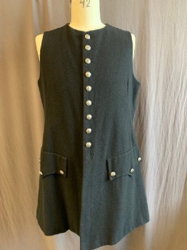 Mens, Historical Fiction Vest, 44, Black, Wool, Solid, 44, Black 1700's Vest with Pewter Buttons.10 Button Front Closure(1 Button Missing)3 Buttoned Down Pockets, Side Slits and Center Back Slit.