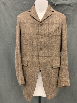 MTO, Lt Brown, Dk Brown, Wool, Tweed, Grid , Single Breasted, Notched Lapel, 3 Pockets, Cutaway Front,