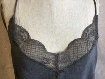Womens, Top, LOVESTITCH, Gray, Polyester, Solid, M, Gray with 2" Gray Lace Trim, V-neck, Spaghetti Straps