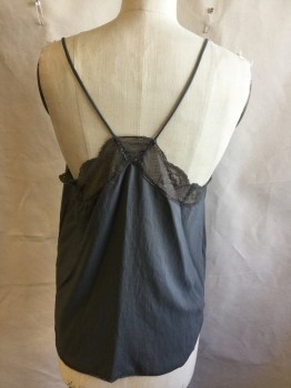 LOVESTITCH, Gray, Polyester, Solid, Gray with 2" Gray Lace Trim, V-neck, Spaghetti Straps