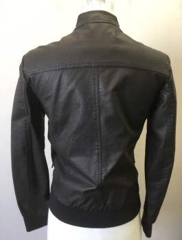Mens, Leather Jacket, ZARA MAN, Espresso Brown, Faux Leather, Solid, S, Zip Front, Stand Collar, 2 Pockets, Rib Knit at Waist and Cuffs