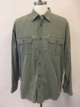 Mens, Casual Shirt, OUTDOOR LIFE, Olive Green, Cotton, Solid, 35, 16, L, Button Front, Collar Attached, Long Sleeves with Button Tab for Roll Up, 2 Flap Pockets