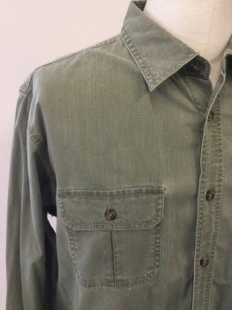 OUTDOOR LIFE, Olive Green, Cotton, Solid, Button Front, Collar Attached, Long Sleeves with Button Tab for Roll Up, 2 Flap Pockets