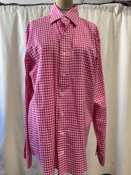 LORENZO UOMO, Hot Pink, White, Cotton, Gingham, Collar Attached, Button Front, Long Sleeves