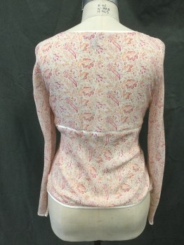 ANN TAYLOR, Cream, Fuchsia Pink, Orange, Silk, Abstract , Abstract Feather Pattern, V-neck, Solid Cream Silk Trim and Waistband, Hidden Side Zip, Long Sleeves