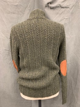 Mens, Pullover Sweater, SHIPLEY HALMOS, Olive Green, Ochre Brown-Yellow, Wool, Viscose, Heathered, Herringbone, M 38", "Hello Professor!", Shawl Collar, Elbow Patches. Soft and Cozy,