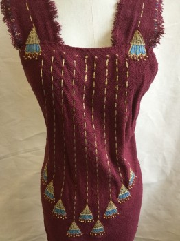 Womens, Historical Fiction Dress, N/L (MTO), Maroon Red, Gold, Teal Blue, Turquoise Blue, Brown, Burlap, Cotton, Stripes - Vertical , Zig-Zag , B:32, Square Neck, Thread Broken Vertical Gold Front, with Gold/teal Blue and Gold Ball Tassel-like, 3.5" Frayed Straps, Criss-cross Back, Pullover with Hook & Eyes Back, Long Dress with Gold/teal Blue/brown Zig-zag Detail Hem