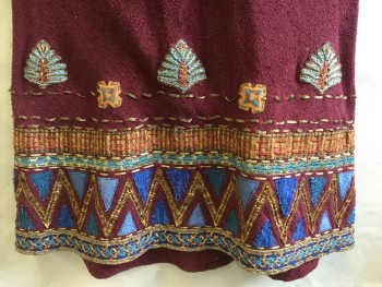 Womens, Historical Fiction Dress, N/L (MTO), Maroon Red, Gold, Teal Blue, Turquoise Blue, Brown, Burlap, Cotton, Stripes - Vertical , Zig-Zag , B:32, Square Neck, Thread Broken Vertical Gold Front, with Gold/teal Blue and Gold Ball Tassel-like, 3.5" Frayed Straps, Criss-cross Back, Pullover with Hook & Eyes Back, Long Dress with Gold/teal Blue/brown Zig-zag Detail Hem