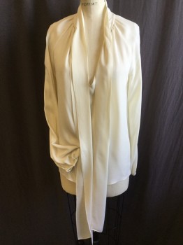 THEORY, Beige, Silk, Solid, Sheer, Gathered V-neck with Self 2" Collar Attached  Neck Tie, Raglan Long Sleeves with Thin Elastic Hem, Curbed Hem