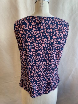 Womens, Blouse, AQUA, Navy Blue, Pink, Polyester, Abstract , S, V-neck, Drawstring Gathered Center Front, Sleeveless, Side Zip, Gathered at Side Seams