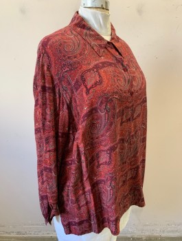 Womens, Blouse, STYLE & CO, Maroon Red, Red, Black, Gray, White, Silk, Paisley/Swirls, 24W, Long Sleeves, Button Front, Collar Attached