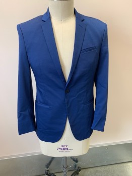 Mens, Suit, Jacket, ZARA, Blue, Polyester, Viscose, Textured Fabric, 42S, Notched Lapel, Single Breasted, Button Front, 1 Button, 3 Pockets